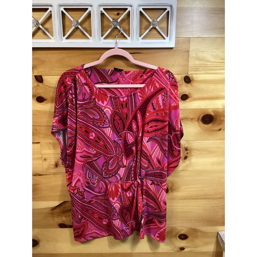 INC International Concepts Women 3X Pink Red Paisley Knot Front Dolman Top